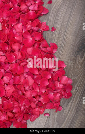 Lot of rose petals on old wood Stock Photo