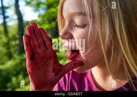 Girl licking tinged blueberries from fingers. Summer family fun. Stock Photo