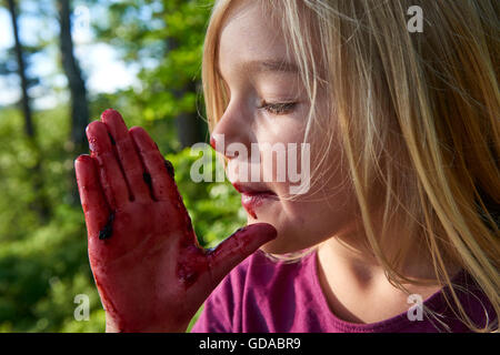 Girl licking tinged blueberries from fingers. Summer family fun. Stock Photo