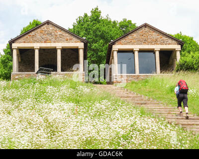 Germany, Rhineland-Palatinate, Mesenich, On the Mosel steep path, hiker climbs up stairs, Roman Grabanlage with Margaritenwiese Stock Photo