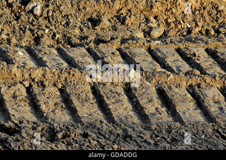 Wheel tracks in the mud, detail footprints bulldozer in the construction road Stock Photo