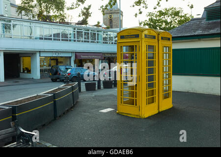 Yellow telephone boxes in St Peter Port, Guernsey Stock Photo