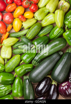 Fresh farmers garden vegetables on wooden table. Top view Stock Photo