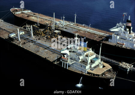 Supertankers loading oil off the Persian Gulf coast of Dahran in Saudi Arabia. Middle East. Stock Photo