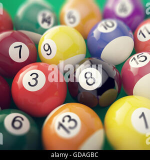 Group colorful glossy billiard pool game balls with depth of field effect. 3d illustration Stock Photo