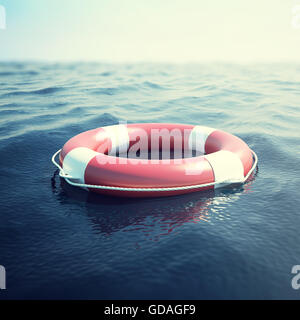 Red life buoy on the waves as a symbol of help and hope. 3d illustration Stock Photo