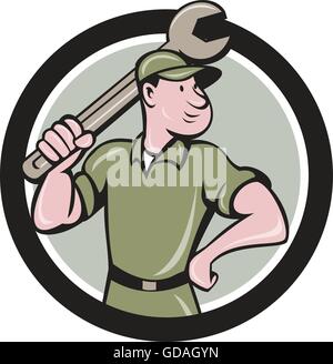 Illustration of a mechanic wielding holding spanner wrench looking to the side viewed from front set inside circle on isolated background done in cartoon style. Stock Vector