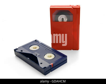 MiniDV and VHS video tape isolated on white. SD and MicroSD cards