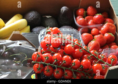 Cherry tomatoes on the vine, gardening, home-grown, fresh, diet, healthy eating vitamin c, five a day Stock Photo