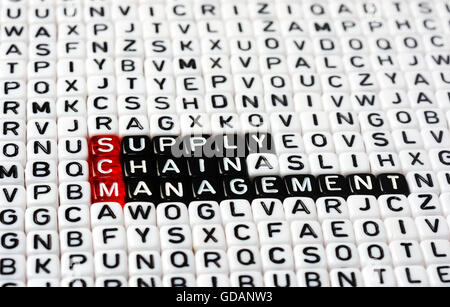 SCM Supply Chain Management  written on black and white  dices Stock Photo