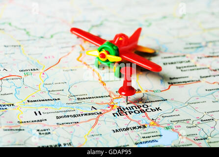 Close up of  Dnepropetrovsk  ,Ukraine , map and airplane Stock Photo