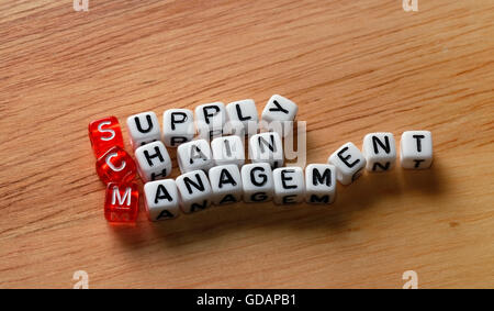 SCM Supply Chain Management written on dices on wooden  background Stock Photo