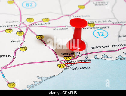 Close up of  Houston  USA map with red pin - Travel concept Stock Photo