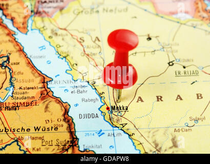 Close up of  Mecca,Saudi Arabia   map with red pin  - travel concept Stock Photo