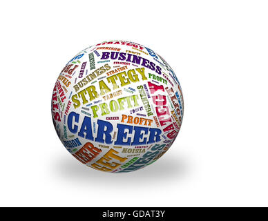 a word cloud designed in a 3D sphere - business strategy ,profit,career Stock Photo