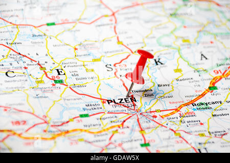 Close up of  Pilsen, Czech Republic  map with red pin  - Travel concept Stock Photo