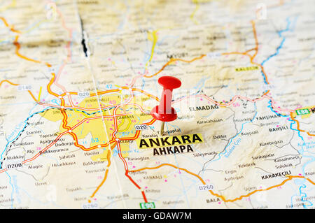 Close up of Ankara ,Turkey  map with red pin    - Travel concept Stock Photo