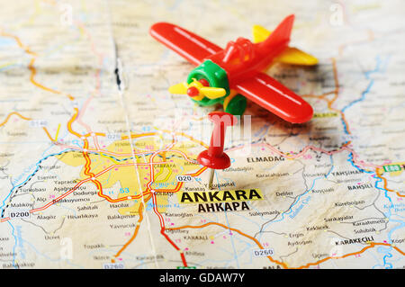 Close up of  Ankara ,Turkey  map with red pin and airplane   - Travel concept Stock Photo