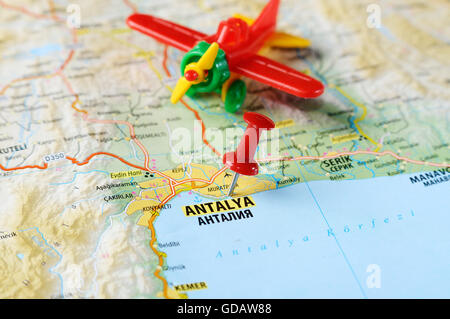 Close up of  Antalia,Turkey  map with red pin  and airplane  - Travel concept Stock Photo