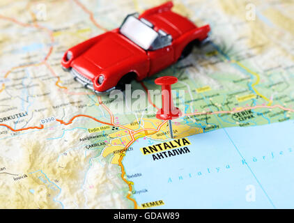 Close up of  Antalia,Turkey  map with red pin  and a car  - Travel concept Stock Photo