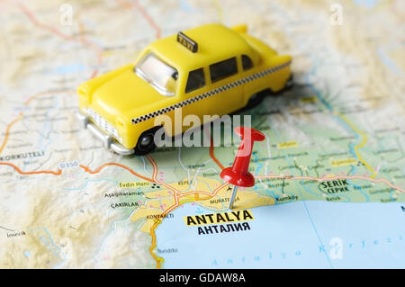 Close up of  Antalia,Turkey  map with red pin and a taxi    - Travel concept Stock Photo