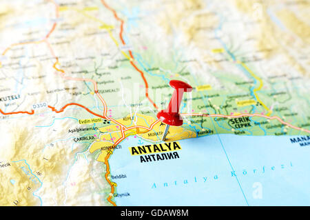 Close up of  Antalia,Turkey  map with red pin    - Travel concept Stock Photo