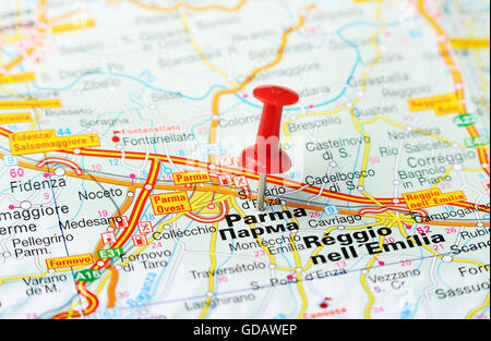 Close up of Parma  , Italy map with red pin    - Travel concept Stock Photo
