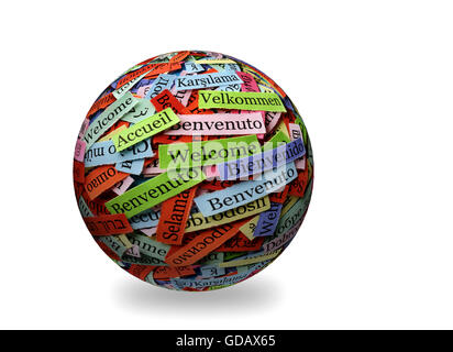 welcome Word Cloud printed on paper on 3d sphere Stock Photo