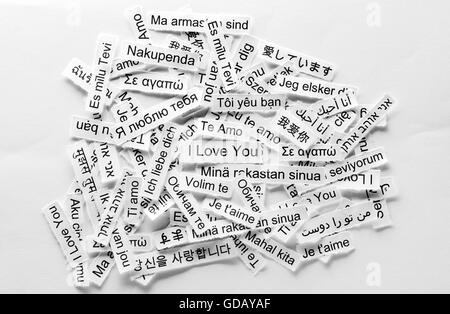 Love  Word Cloud printed on  paper different languages Stock Photo