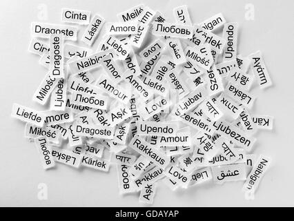 Love  Word Cloud printed on  paper different languages Stock Photo