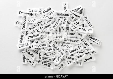 Love  Word Cloud printed on  paper different languages Stock Photo