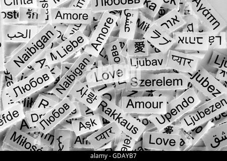 Love  Word Cloud printed on  paper different languages Stock Photo