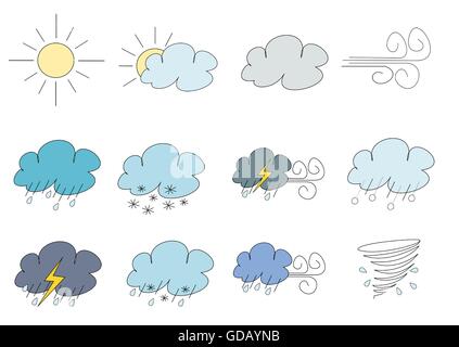 Simplistic weather illustrations: sunny, cloudy, wind, rain, snow, storm with strong winds, hail, thunderstorm, tornado Stock Vector