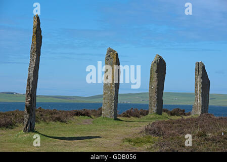 Four of the remaining 27 Ring of Brogan Standing Stones on an isthmus between the Lochs of Stenness and Harray. SCO 10,597. Stock Photo
