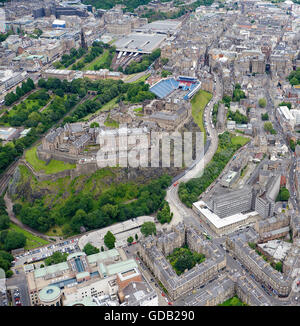 Edinburgh Castle & City Centre from the air, looking over the Old Town and Grass Market, Central Scotland, UK
