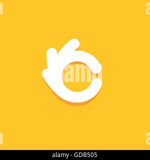 Vector isolated unusual logo. Good job. All perfectly. All OK. Well done. Not bad. Ideal load. Fingers hands shows OK. White color design element on yellow background. Stock Vector