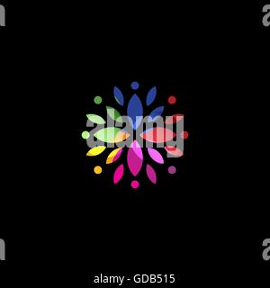 Colorful abstract vector flower petal, fruit and leaves. Digital colorful logo. Vector isolated circle logo. Creative logo. Vector logo template. Unusual isolated log on dark black background. Stock Vector