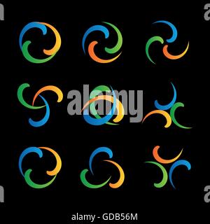 Twist logo on black background. Colorful boomerang icon. Isolated abstract vector logo collection. Set logos. Shiny logotype. Hurricane, tornado graphic illustrations. Stock Vector