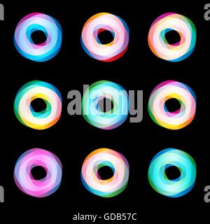 Twist colorful logo set. Letter O. Media isolated vector logo collection. Abstract logo collection. Shiny logotype. Hurricane, tornado graphic illustrations. Circle icon. Colorful abstract symbols. Stock Vector