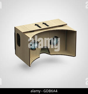 Virtual goggles eye-wear cardboard head equipment VR helmet, augmented reality device with mobile phone inside render isolated Stock Photo