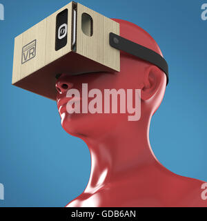 Virtual reality cardboard headset on color female plastic mannequin head, high quality isolated render Stock Photo