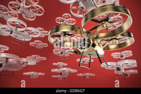 big swarm of white and one golden in front quad copter drones  flying in the sky.  render Stock Photo