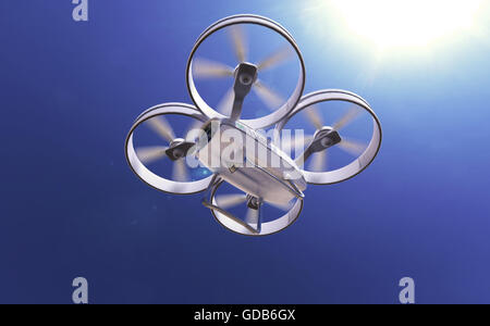 white quadrocopter drone in the sunny sky, high quality render Stock Photo