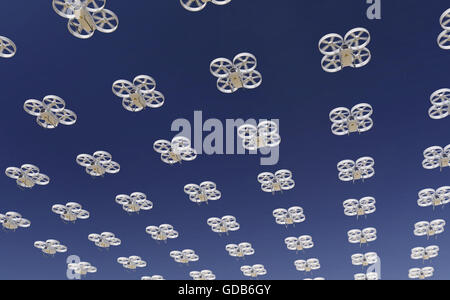 big swarm of white and one golden in front quad copter drones  flying in the sky.  render Stock Photo