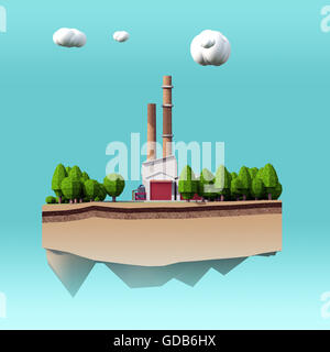 little factory with chimneys surrounded by trees on small island  fluffy stylized clouds isolated blue background. Stock Photo