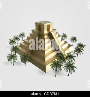 Precious golden metal Mexican Mayan Aztec Pyramid, high quality render isolated. with palm trees Stock Photo