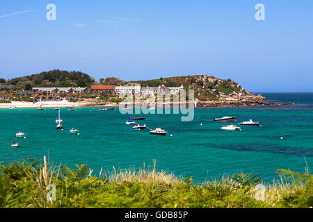 Bright Summer's day at Old Grimsby Harbour, Tresco, Isles of Scilly, UK Stock Photo