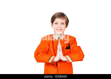 1 indian Kid boy Diwali Festival Joined Hands Welcome Stock Photo
