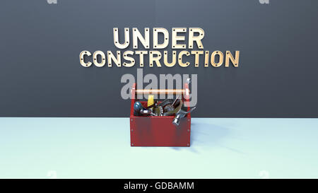 website under construction concept with letters made out of metal and bolts,  toolbox full  tools in front  the wall. High quality rendering. Stock Photo