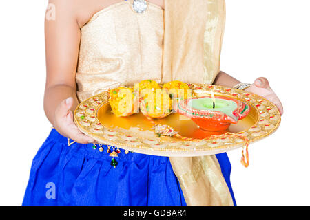 1 indian Kid girl Raksha Bandhan Festival standing plate holding Anticipation Stock Photo